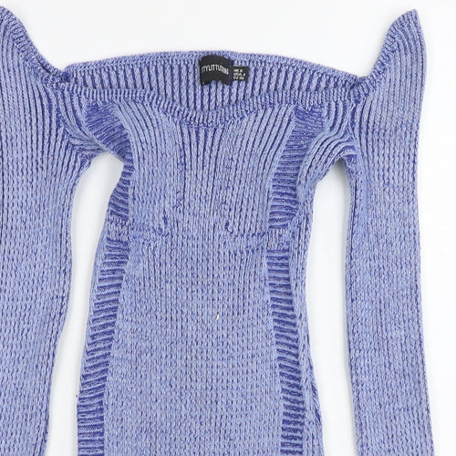 PRETTYLITTLETHING Womens Blue Viscose Jumper Dress Size 8 Off the Shoulder Pullover