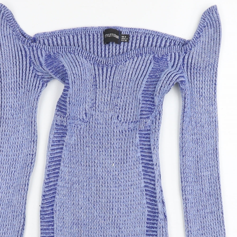 PRETTYLITTLETHING Womens Blue Viscose Jumper Dress Size 8 Off the Shoulder Pullover