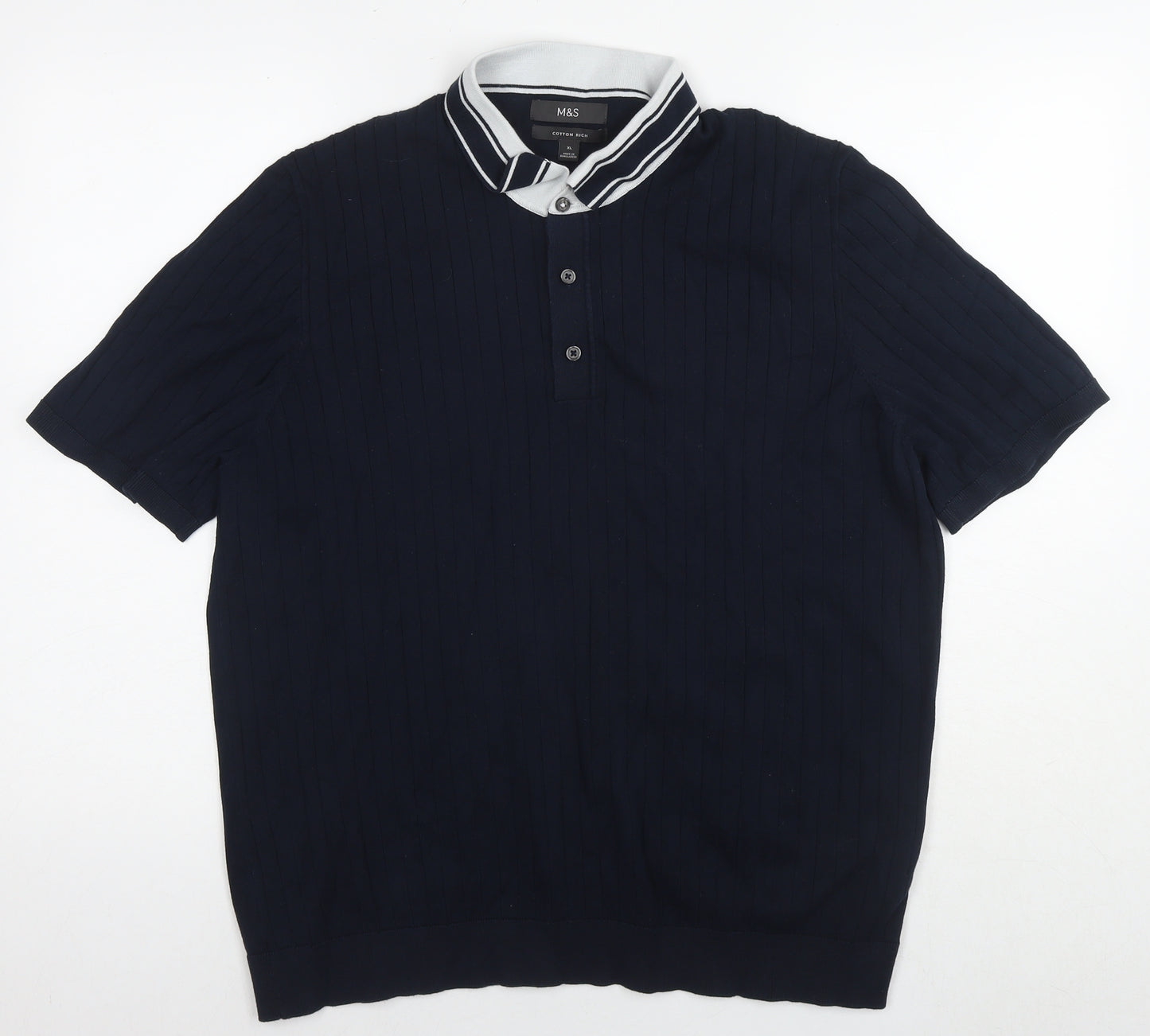 Marks and Spencer Mens Blue Cotton Polo Size XL Collared Pullover