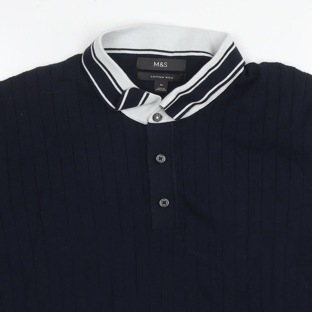 Marks and Spencer Mens Blue Cotton Polo Size XL Collared Pullover