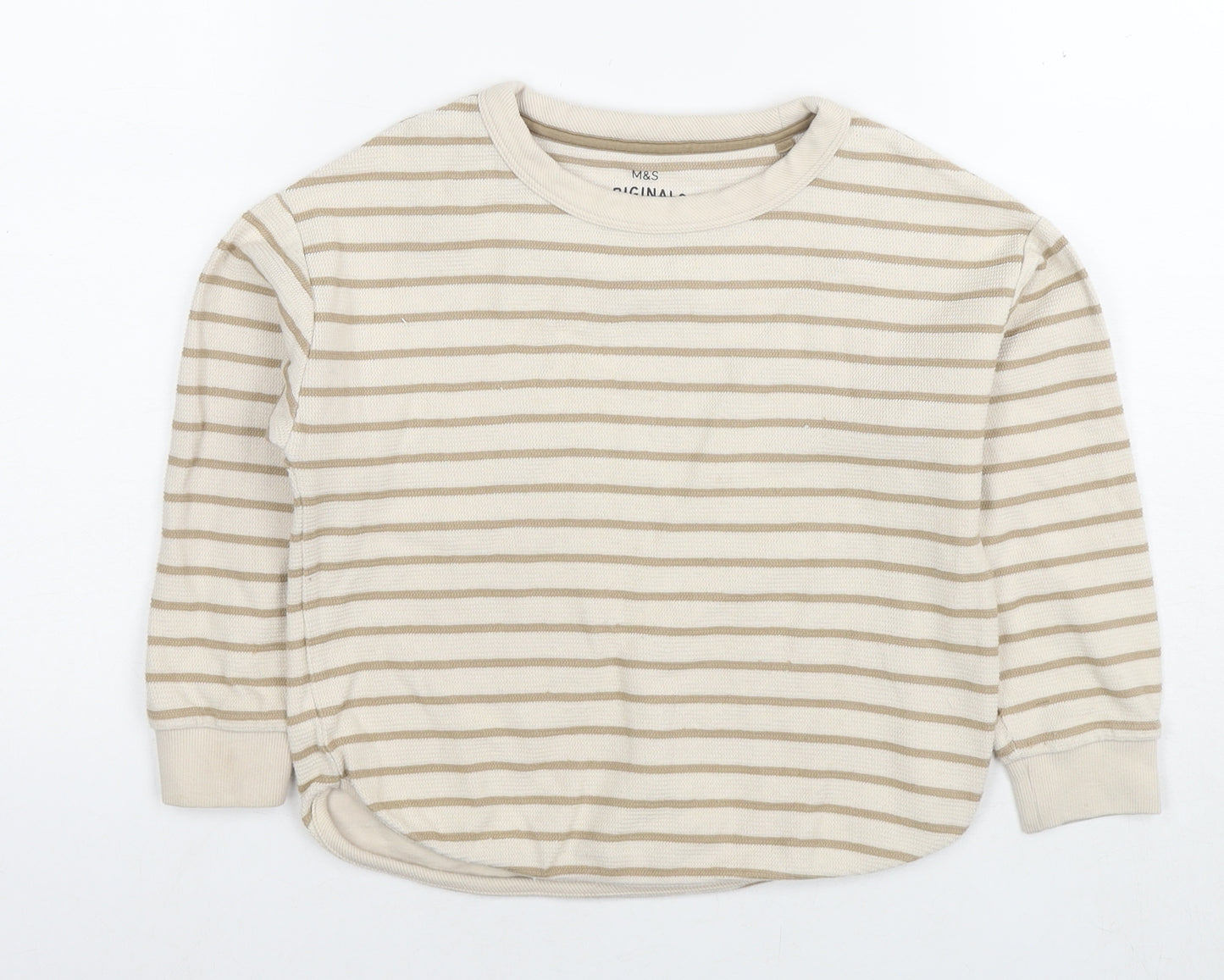 Marks and Spencer Boys Beige Round Neck Striped Cotton Pullover Jumper Size 6-7 Years Pullover