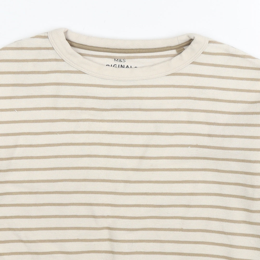 Marks and Spencer Boys Beige Round Neck Striped Cotton Pullover Jumper Size 6-7 Years Pullover