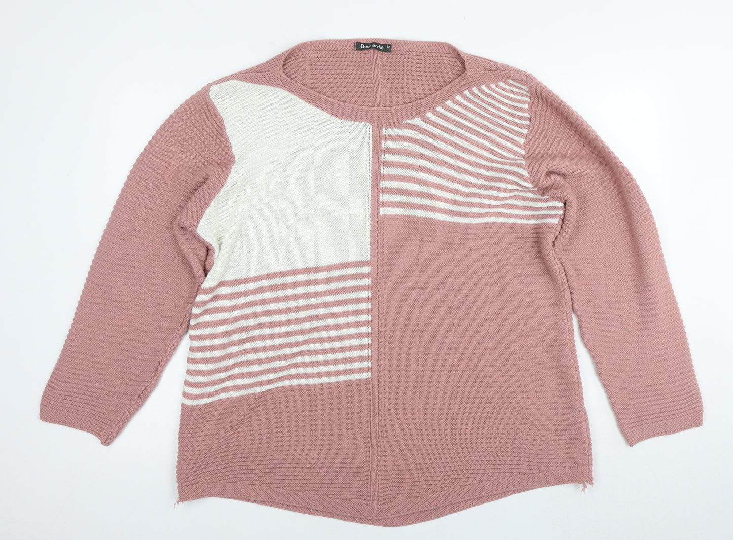 Bonmarché Womens Pink Round Neck Striped Acrylic Pullover Jumper Size 22