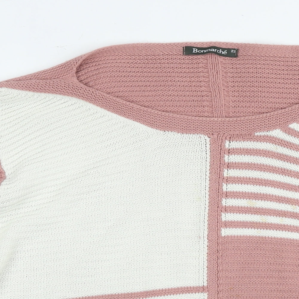 Bonmarché Womens Pink Round Neck Striped Acrylic Pullover Jumper Size 22