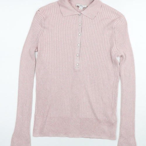 Marks and Spencer Womens Pink Collared Viscose Pullover Jumper Size 14 - Glitter Detail