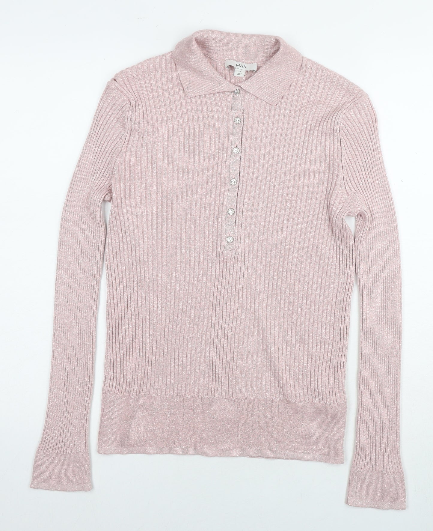 Marks and Spencer Womens Pink Collared Viscose Pullover Jumper Size 14 - Glitter Detail