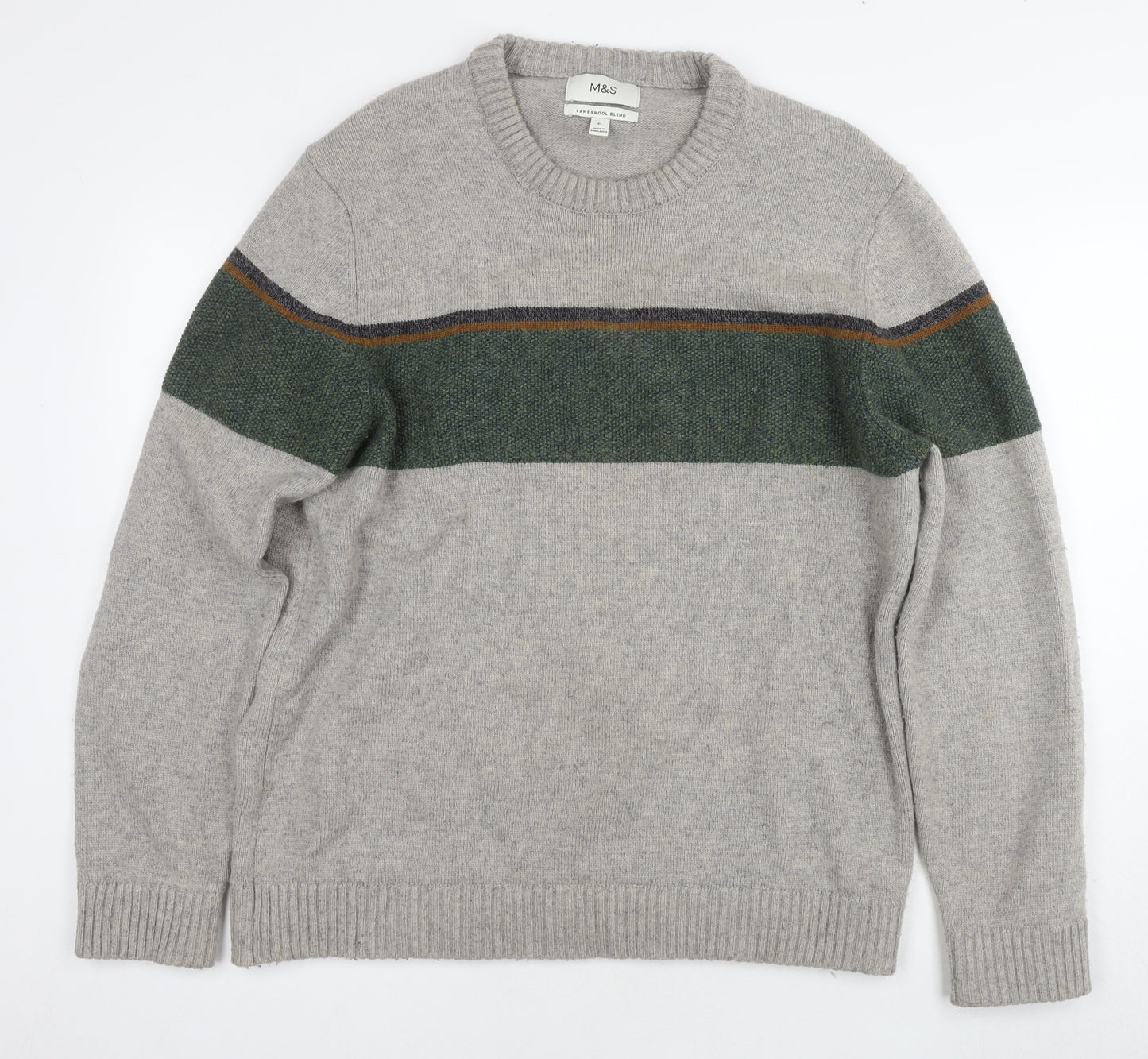 Marks and Spencer Mens Grey Round Neck Wool Pullover Jumper Size XL Long Sleeve