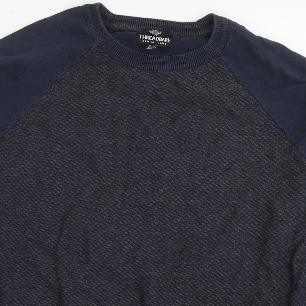 Threadbare Mens Blue Round Neck Cotton Pullover Jumper Size S Long Sleeve