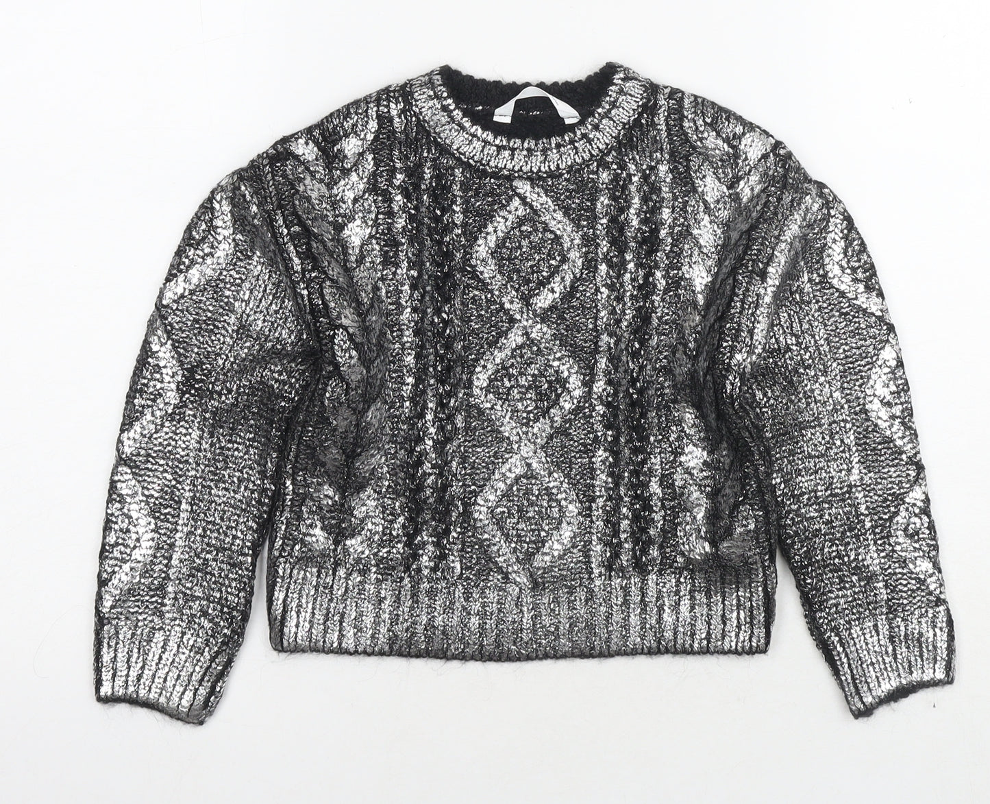 Marks and Spencer Girls Silver Round Neck Acrylic Pullover Jumper Size 6-7 Years Pullover
