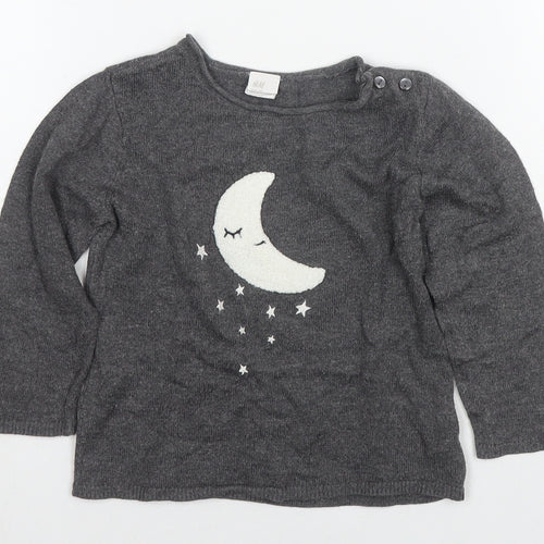 H&M Girls Grey Round Neck Polyamide Pullover Jumper Size 2 Years Pullover - Moon, Stars