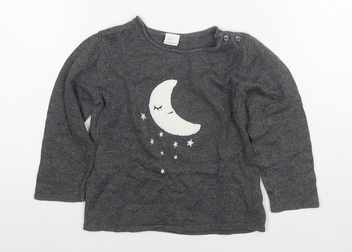 H&M Girls Grey Round Neck Polyamide Pullover Jumper Size 2 Years Pullover - Moon, Stars