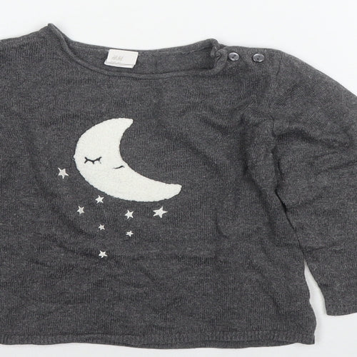 H&M Girls Grey Round Neck Polyamide Pullover Jumper Size 2 Years Pullover - Moon, Stars
