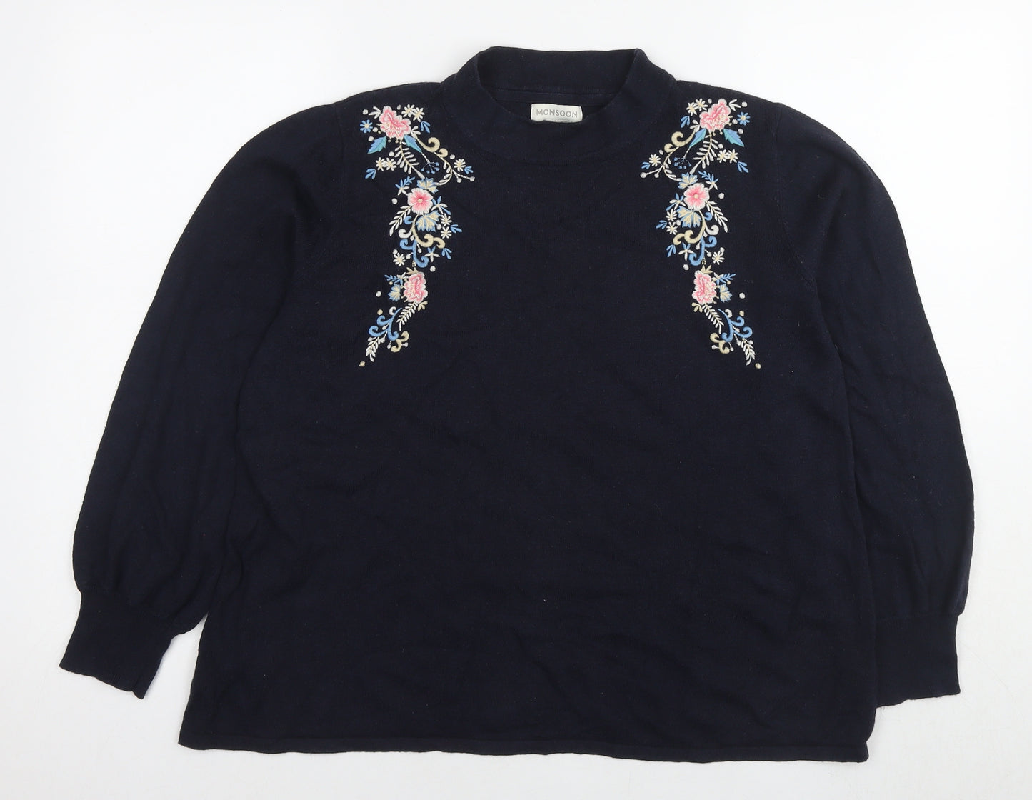 Monsoon Womens Blue Round Neck Cotton Pullover Jumper Size 16 - Flowers