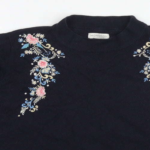 Monsoon Womens Blue Round Neck Cotton Pullover Jumper Size 16 - Flowers