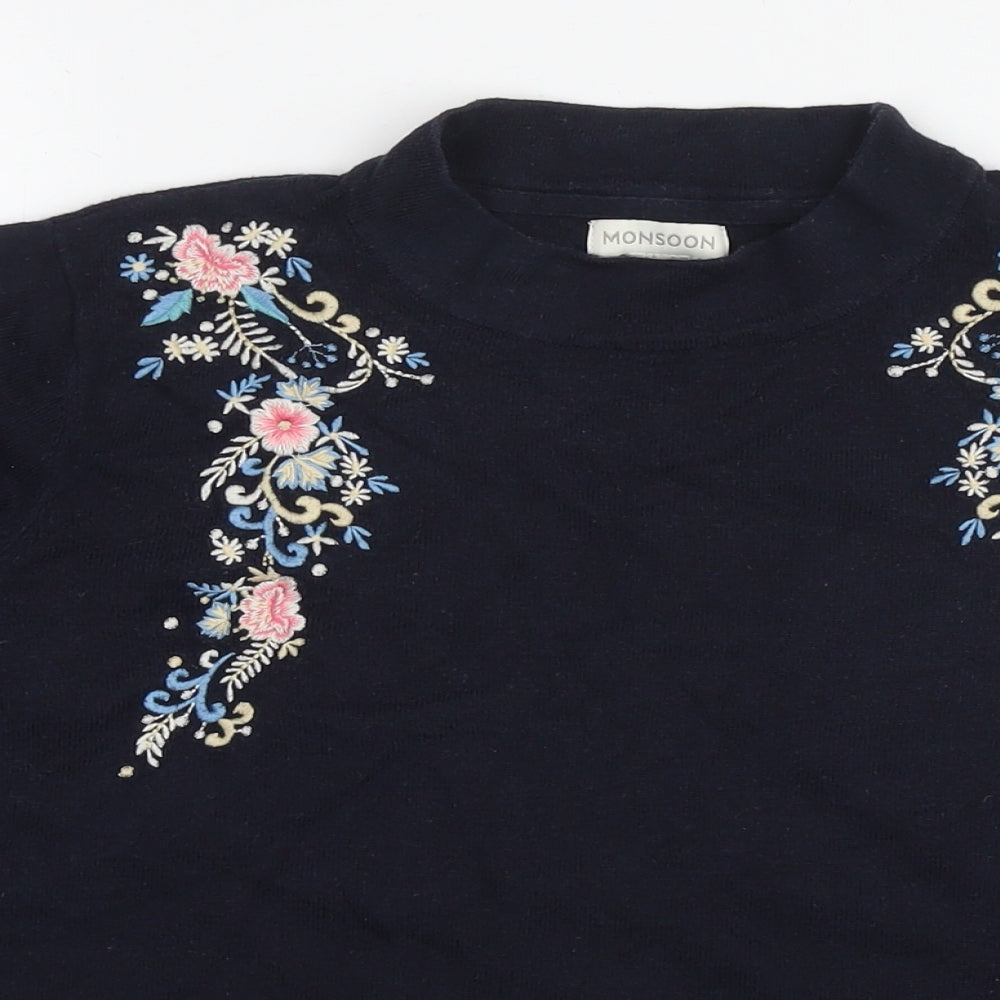 Monsoon Womens Blue Round Neck Cotton Pullover Jumper Size 16 - Flowers