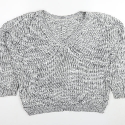 Reversed Womens Grey V-Neck Acrylic Pullover Jumper Size S