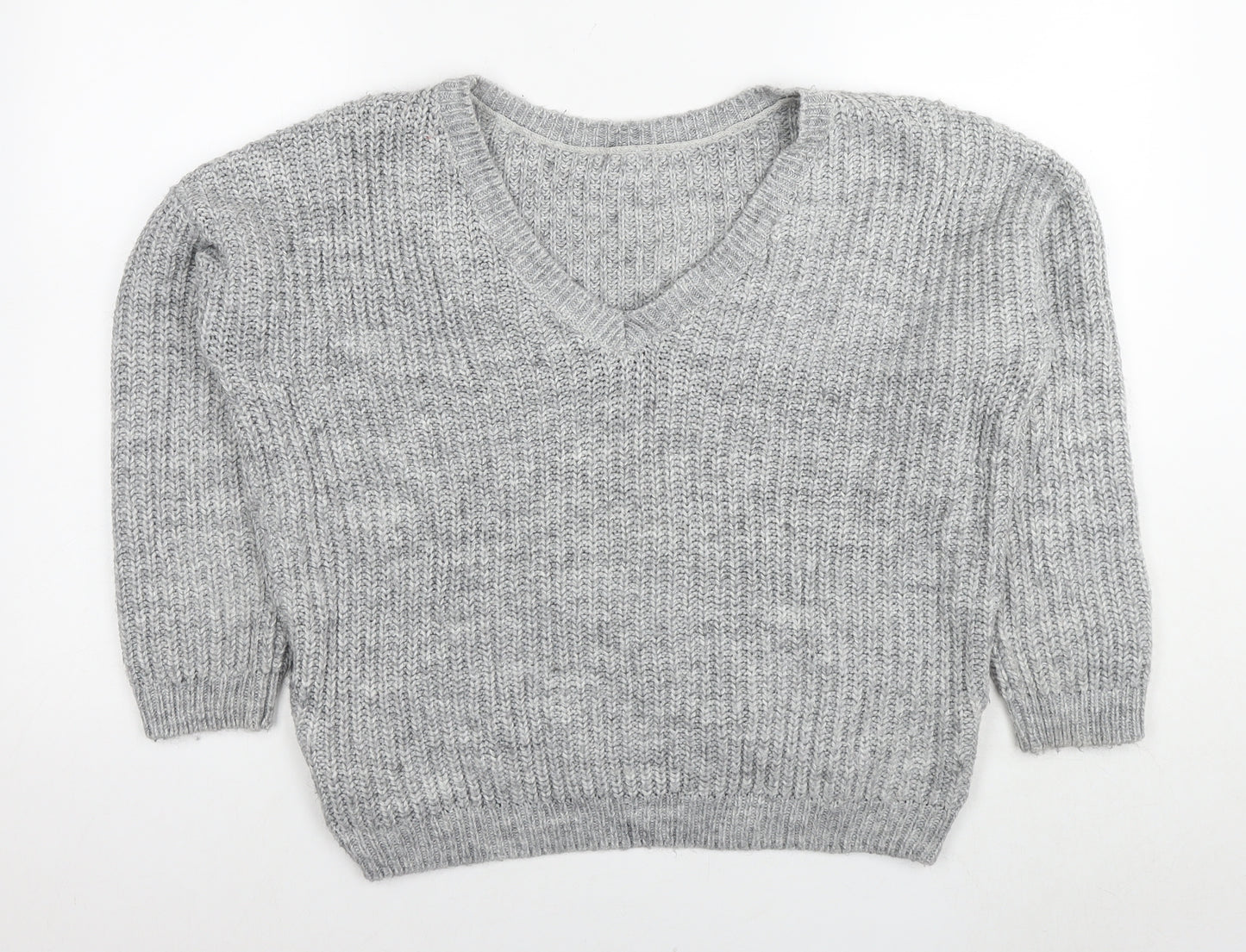 Reversed Womens Grey V-Neck Acrylic Pullover Jumper Size S
