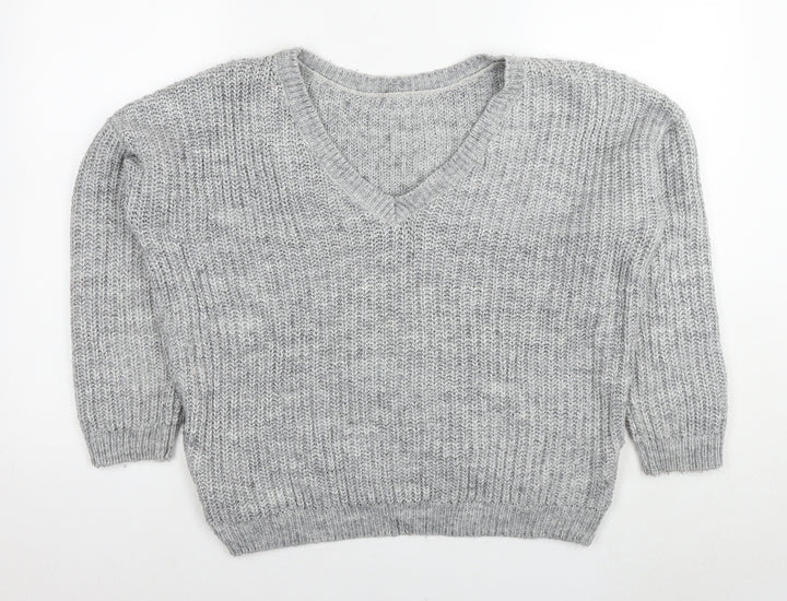 Reversed Womens Grey V-Neck Acrylic Pullover Jumper Size S