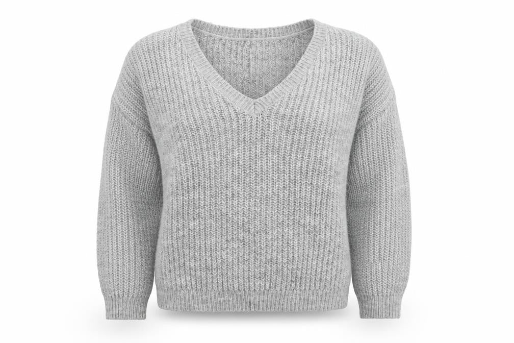 Front view of Reversed women’s grey v-neck acrylic jumper, size S