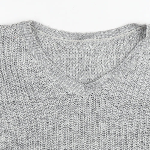 Reversed Womens Grey V-Neck Acrylic Pullover Jumper Size S
