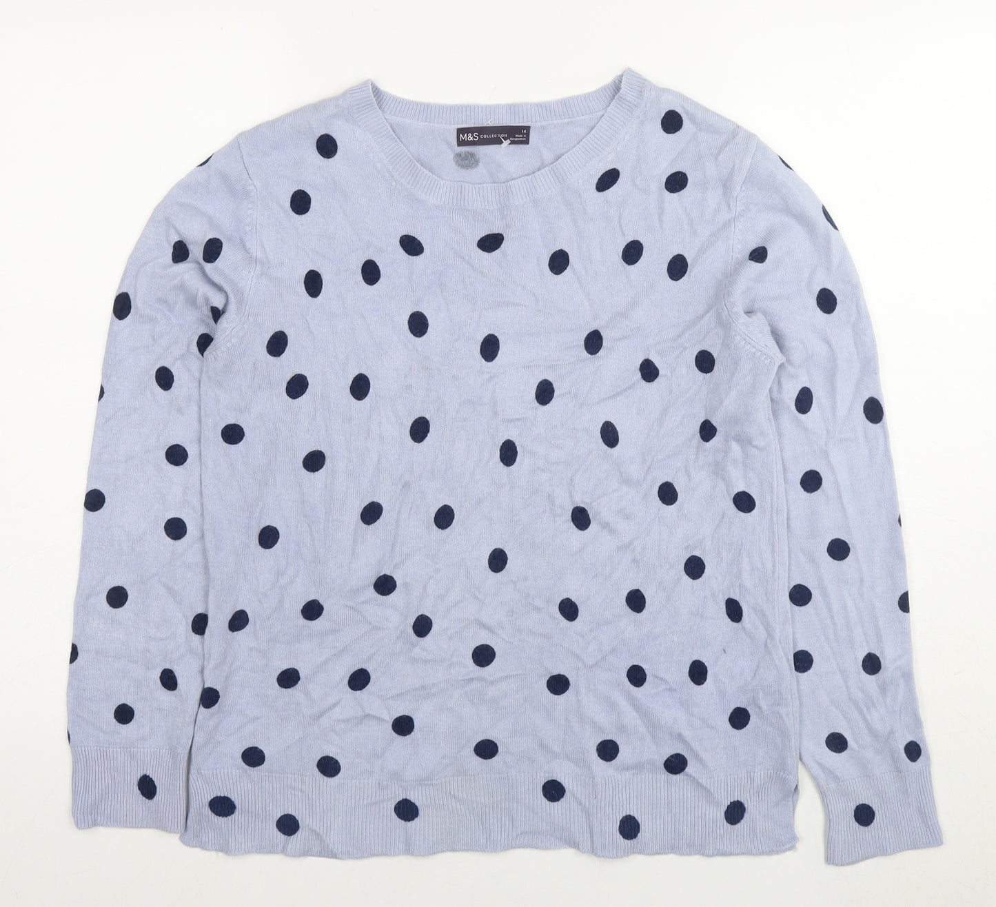 Marks and Spencer Womens Blue Round Neck Polka Dot Acrylic Pullover Jumper Size 14