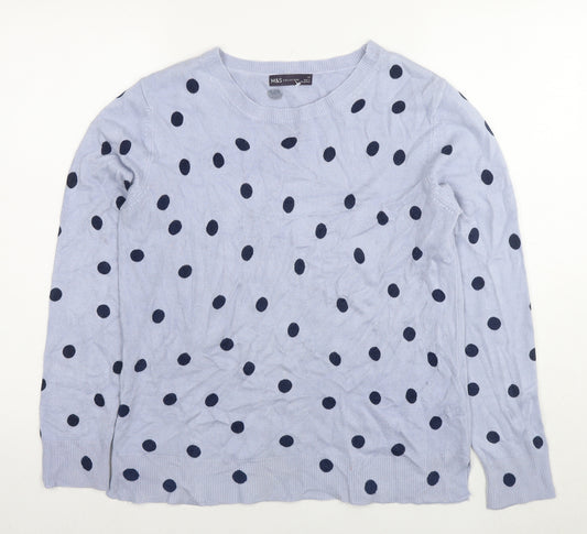 Marks and Spencer Womens Blue Round Neck Polka Dot Acrylic Pullover Jumper Size 14