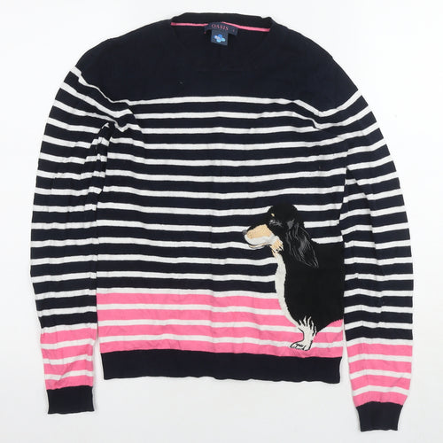 Oasis Womens Blue Round Neck Striped Cotton Pullover Jumper Size S - Dog