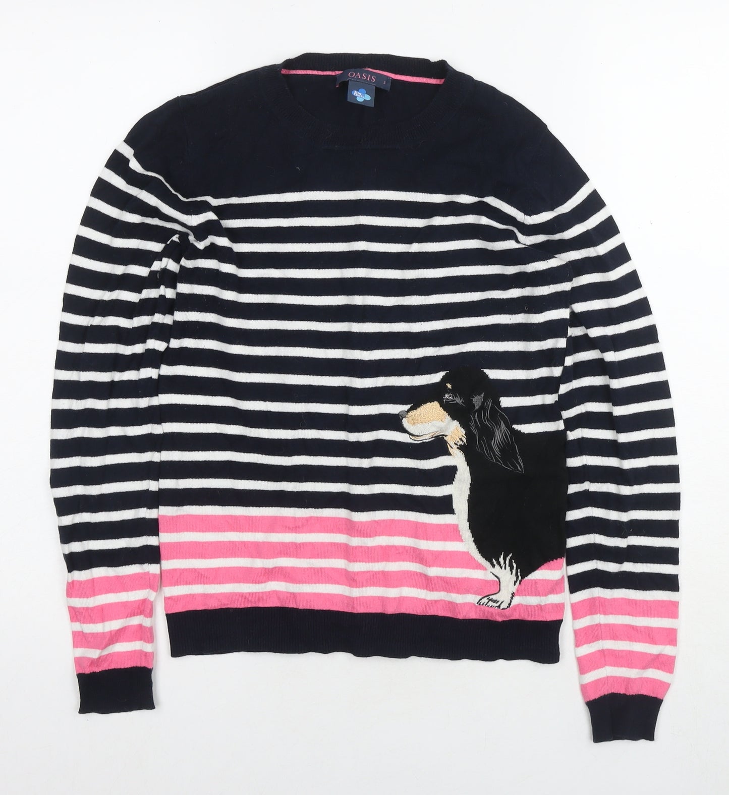 Oasis Womens Blue Round Neck Striped Cotton Pullover Jumper Size S - Dog