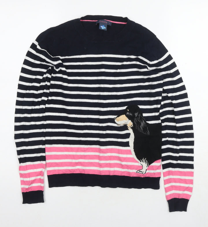 Oasis Womens Blue Round Neck Striped Cotton Pullover Jumper Size S - Dog