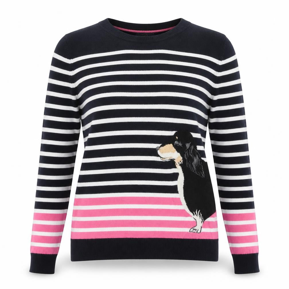 Front view of Oasis women’s blue round neck striped cotton jumper, size S, - dog