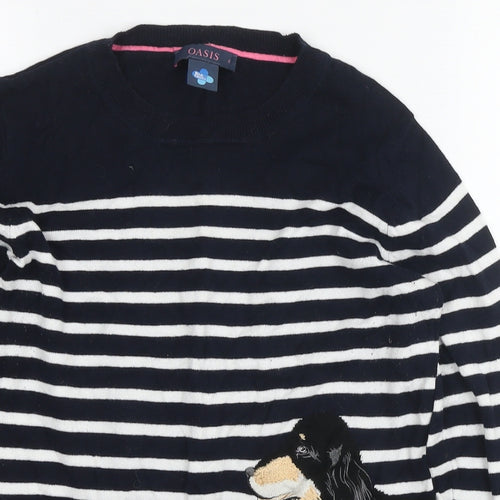 Oasis Womens Blue Round Neck Striped Cotton Pullover Jumper Size S - Dog