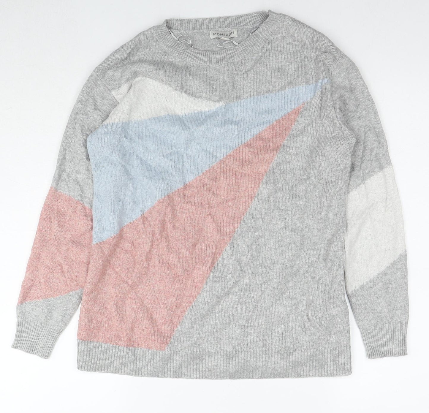 Monsoon Womens Grey Round Neck Geometric Acrylic Pullover Jumper Size S