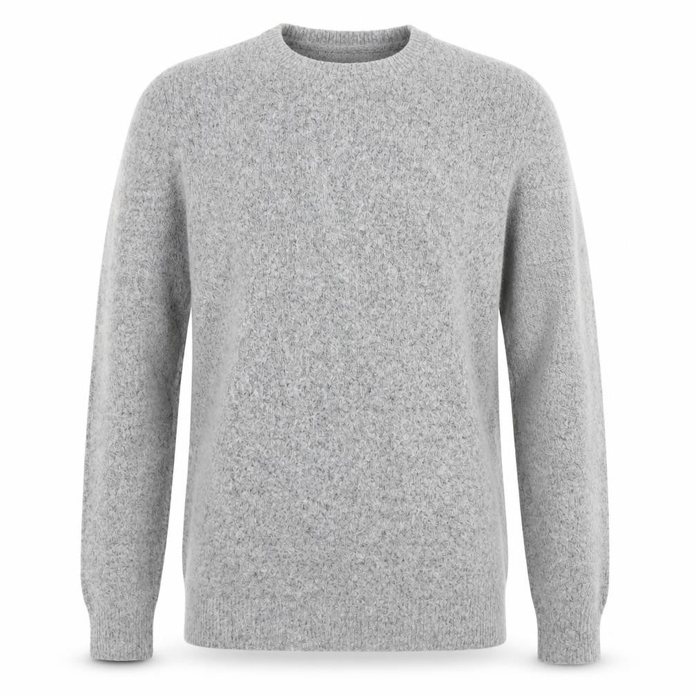 Front view of Burton men’s grey round neck acrylic jumper, size S, long sleeve