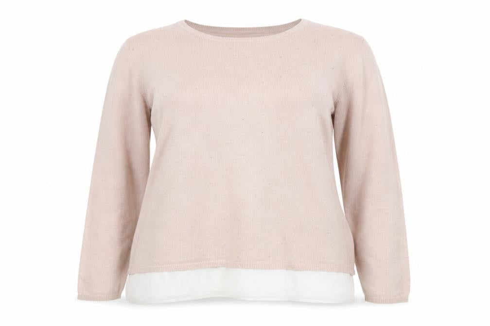 Front view of Woman women’s pink round neck polyamide jumper, size L, - sequin detail