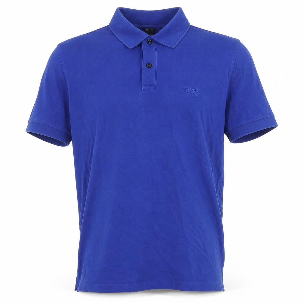 Front view of BOSS men’s black cotton polo, size L, collared pullover