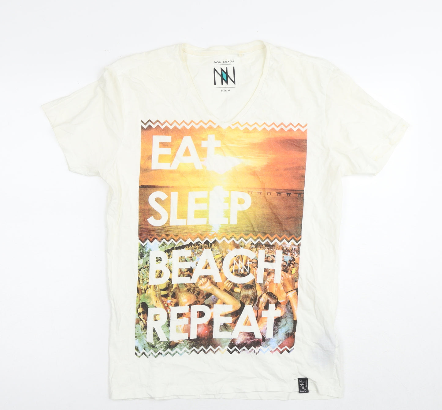 Non Grada Mens White Cotton T-Shirt Size M Round Neck - Eat sleep beach repeat party