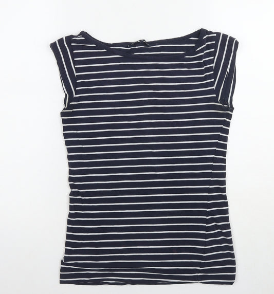 French Connection Womens Blue Striped Cotton Basic T-Shirt Size S Round Neck