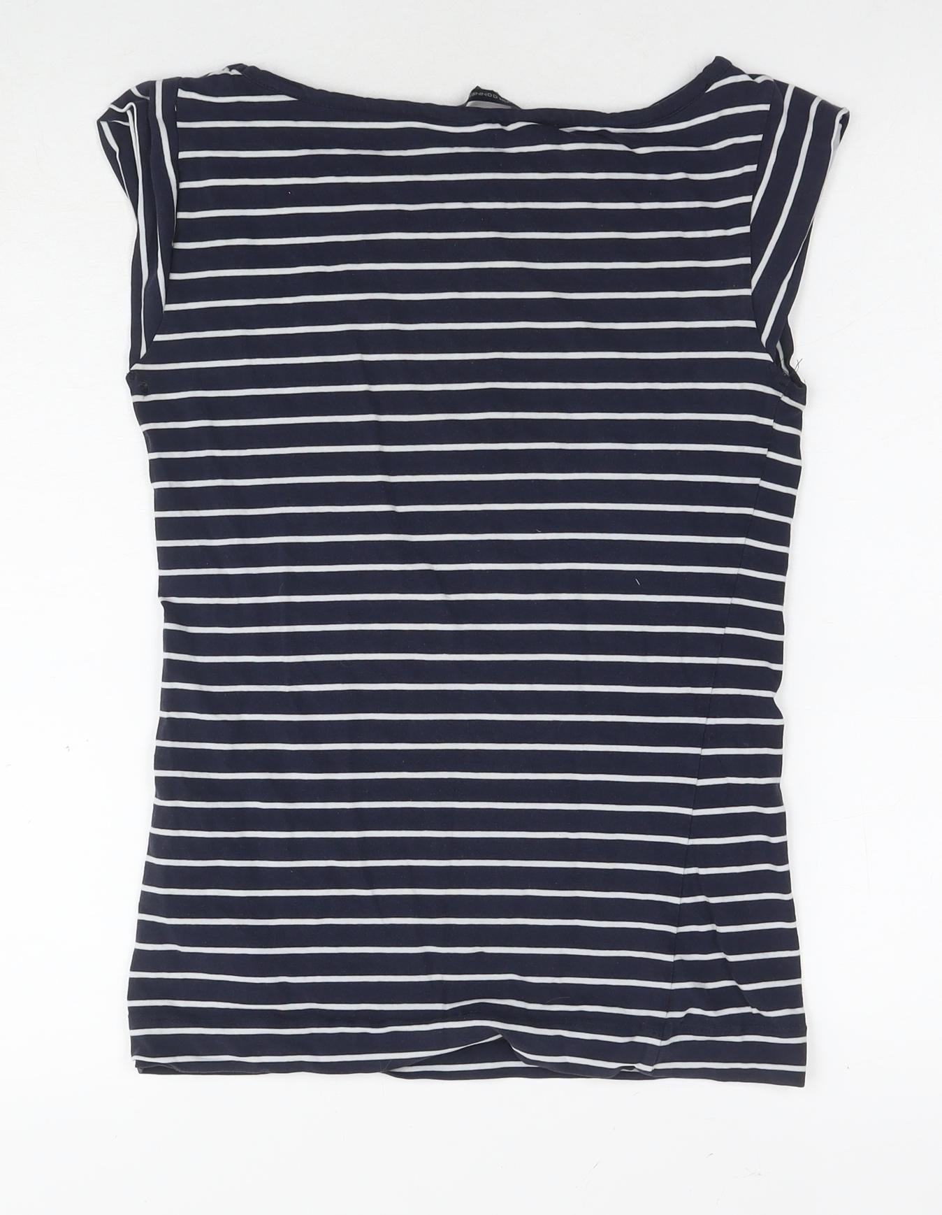 French Connection Womens Blue Striped Cotton Basic T-Shirt Size S Round Neck