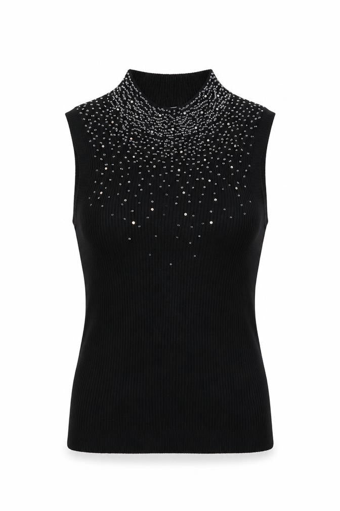 Front view of Planet women’s black viscose basic tank, size XS, mock neck - beaded