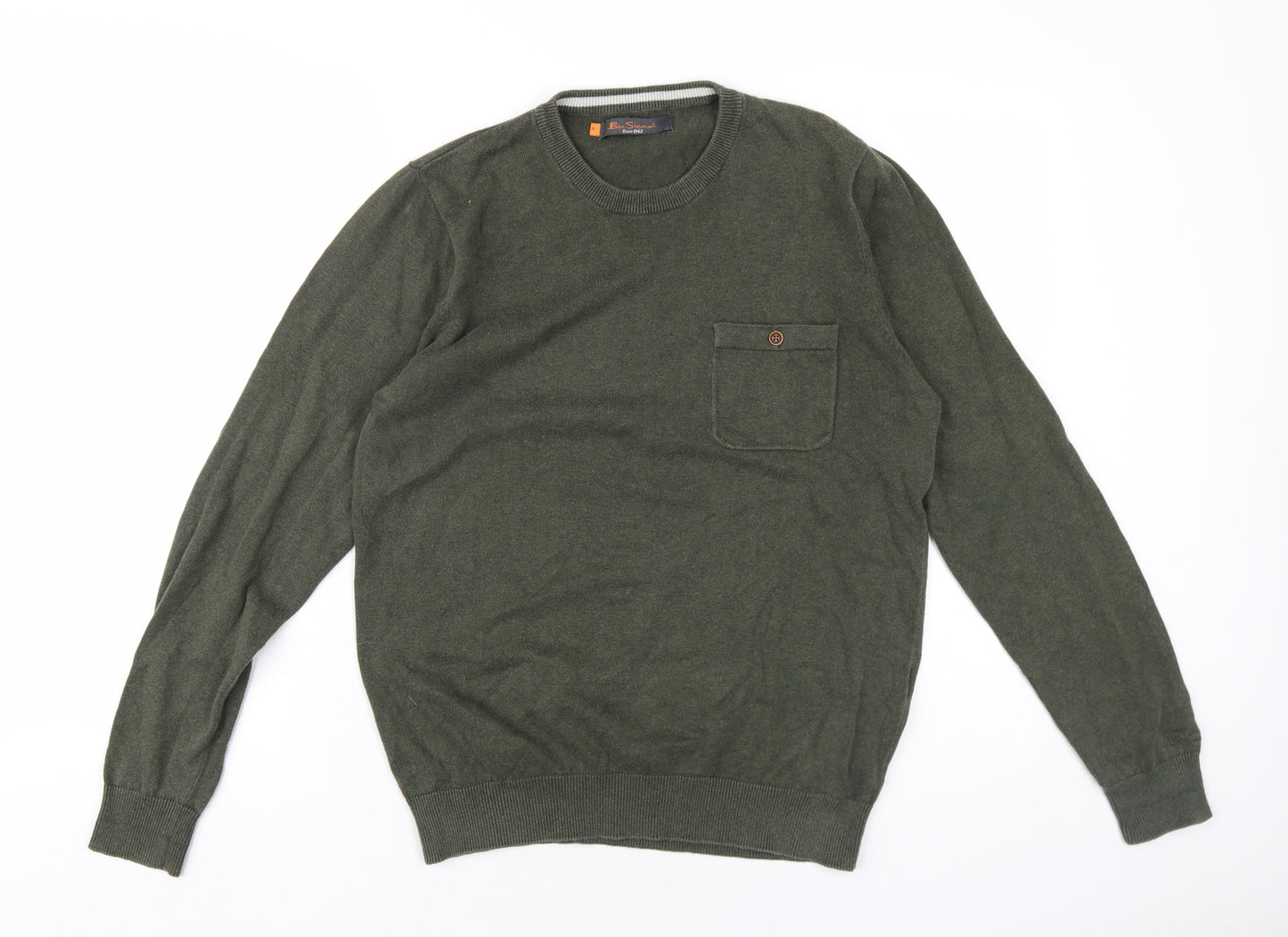 Ben Sherman Mens Green Crew Neck Cotton Pullover Jumper Size S Long Sleeve