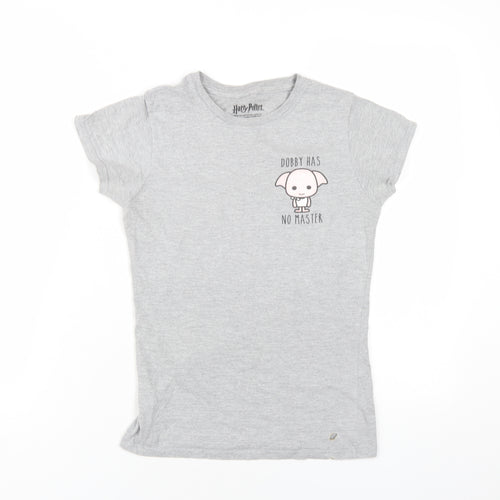 Harry Potter Girls Grey Cotton Basic T-Shirt Size 6-7 Years Round Neck Pullover - Dobby