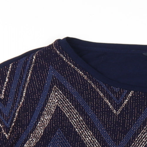 EWM Womens Blue Geometric Nylon Basic T-Shirt Size M Round Neck