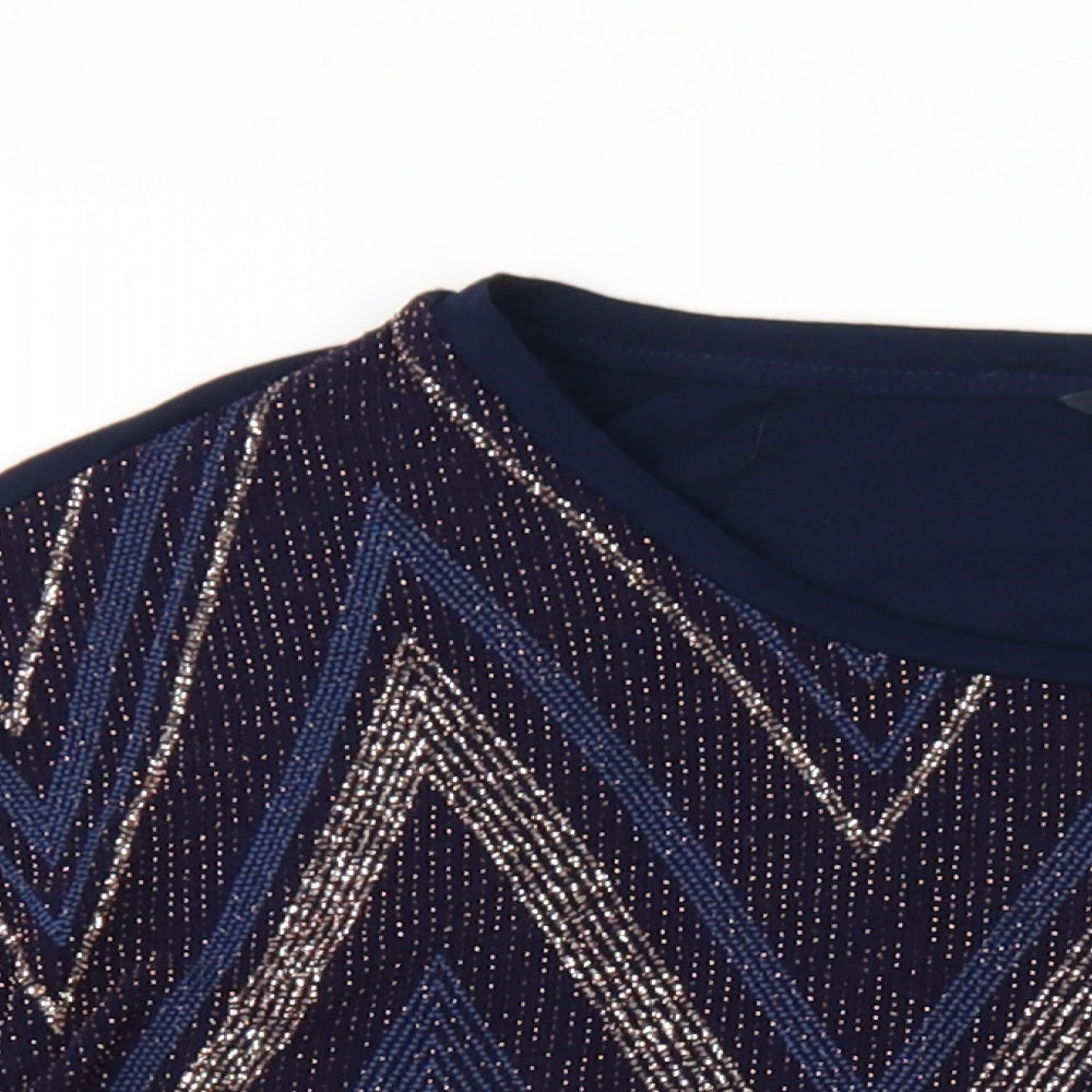 EWM Womens Blue Geometric Nylon Basic T-Shirt Size M Round Neck