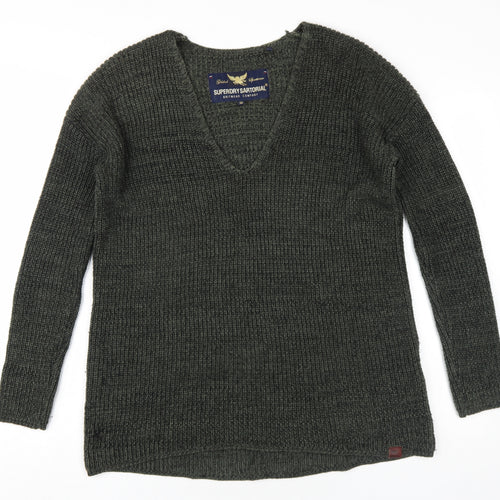 Superdry Womens Green V-Neck Cotton Pullover Jumper Size S