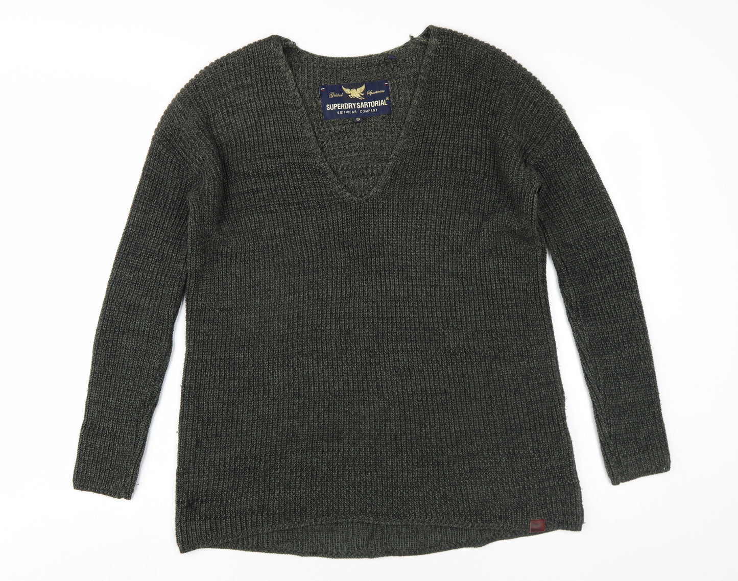 Superdry Womens Green V-Neck Cotton Pullover Jumper Size S