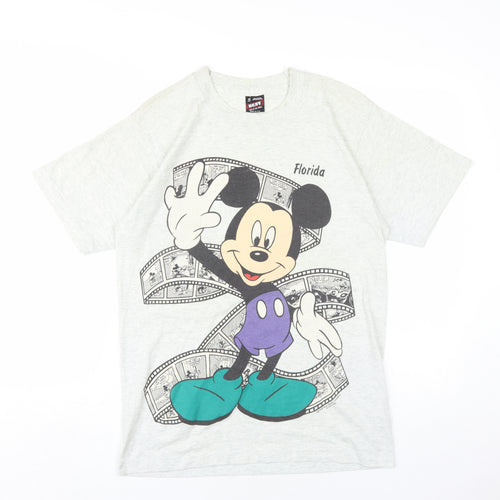 Disney Mens Grey Cotton T-Shirt Size M Round Neck - Mickey Mouse Florida