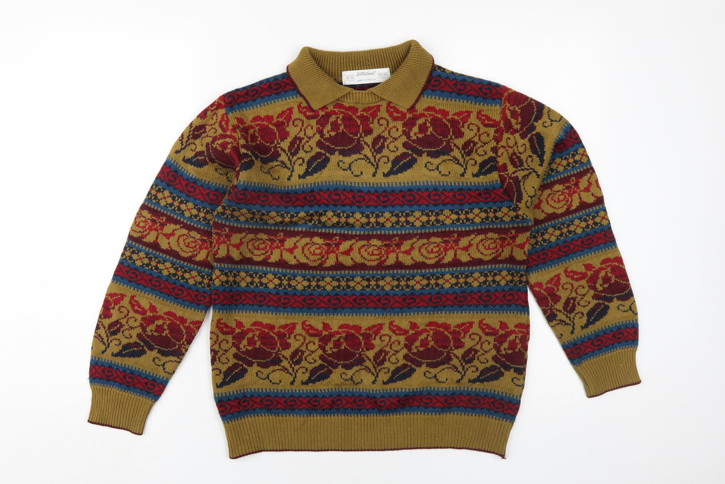 St Michael Womens Multicoloured Collared Geometric Acrylic Pullover Jumper Size 8