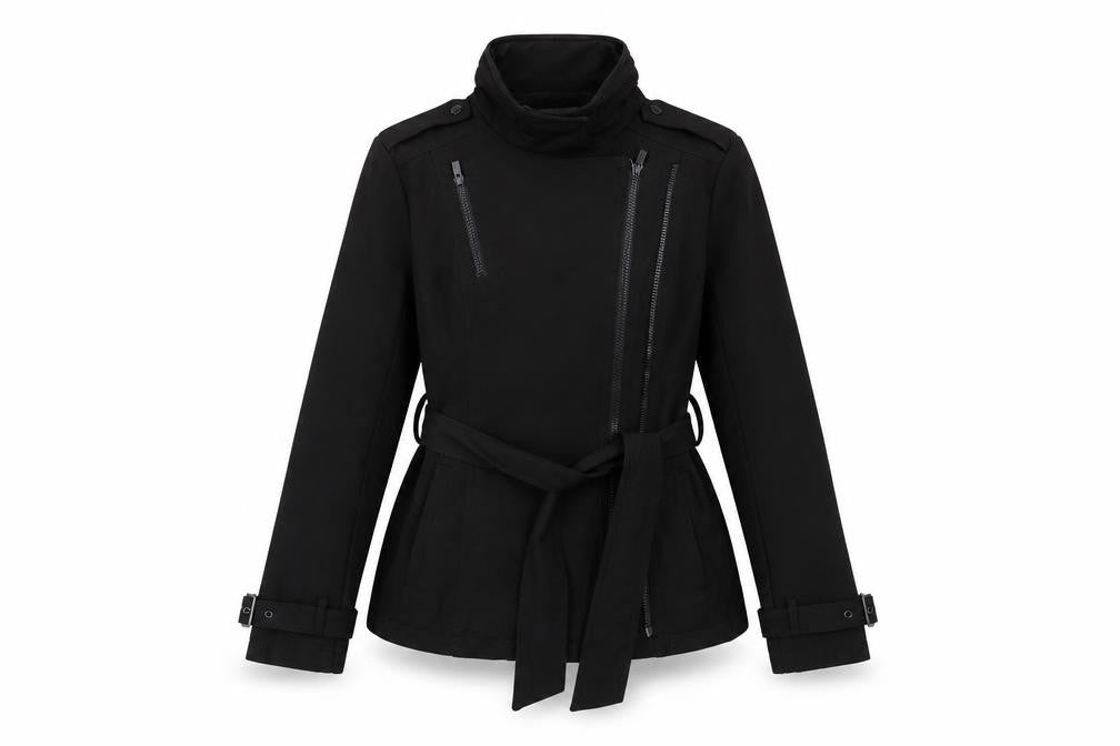 Front view of Kenneth Cole women’s black jacket coat, size XS, zip