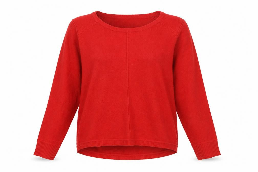 Front view of French Connection women’s red round neck acrylic jumper, size M