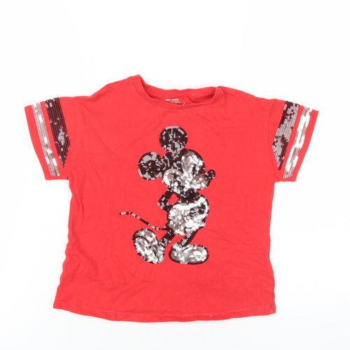 Disney Girls Red Cotton Basic T-Shirt Size 6-7 Years Round Neck Pullover - Sequin Mickey Mouse